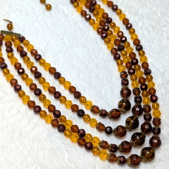 Vintage Multi-Strand Amber and Brown Acrylic Beaded Necklace - Picture 6 of 7